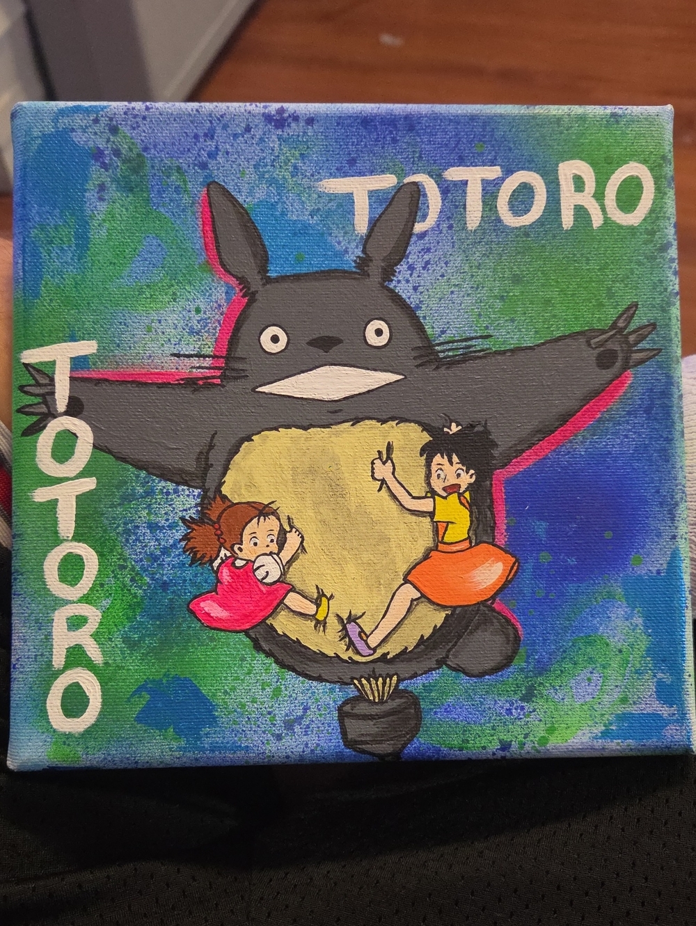 Whimsical Totoro Canvas Art in Blue, Green & Pink Axelle Salvage